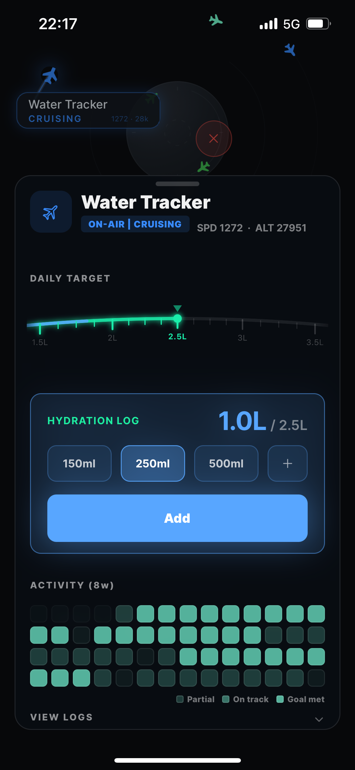 mayday! Water Tracker plane at Cruising stage showing daily target slider and hydration log.