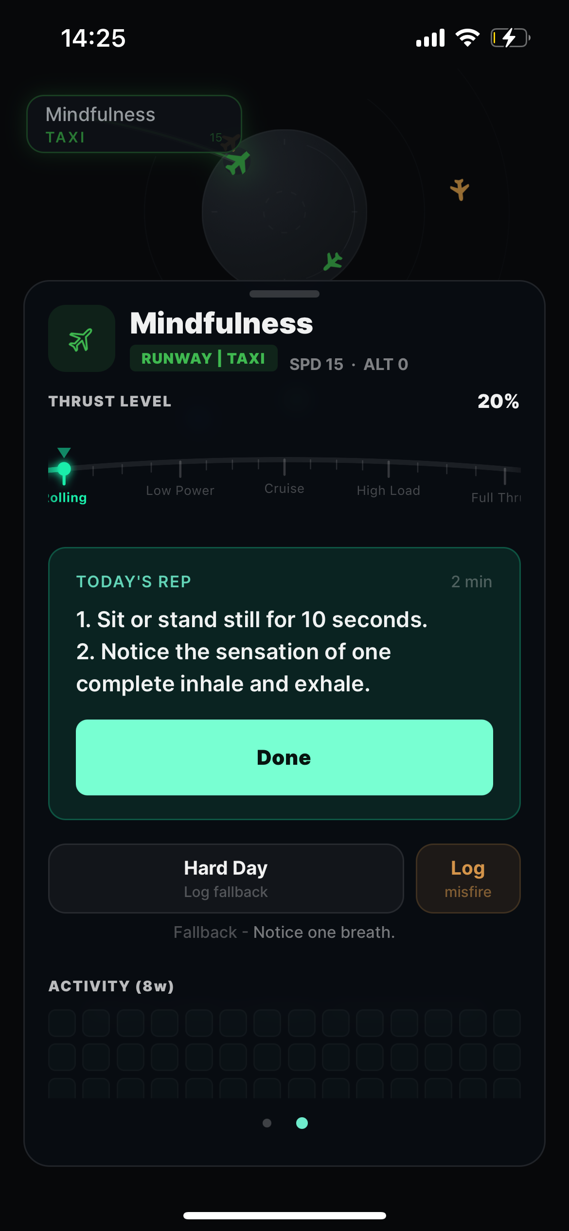 mayday! Mindfulness plane at Taxi stage showing today's rep, thrust level slider, Hard Day fallback, and misfire log option.