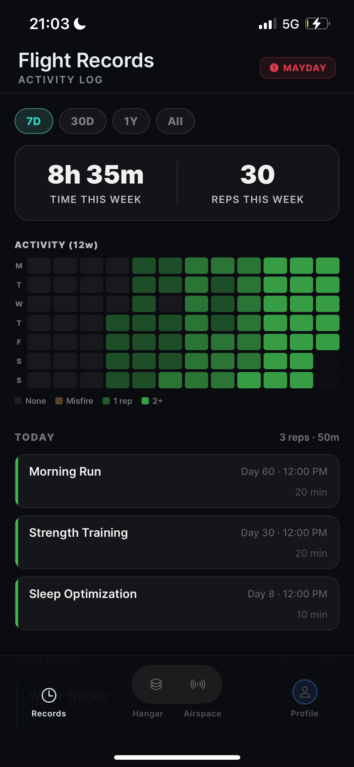 mayday! Flight Records screen showing weekly totals, a 12 week heatmap, and routine entries.